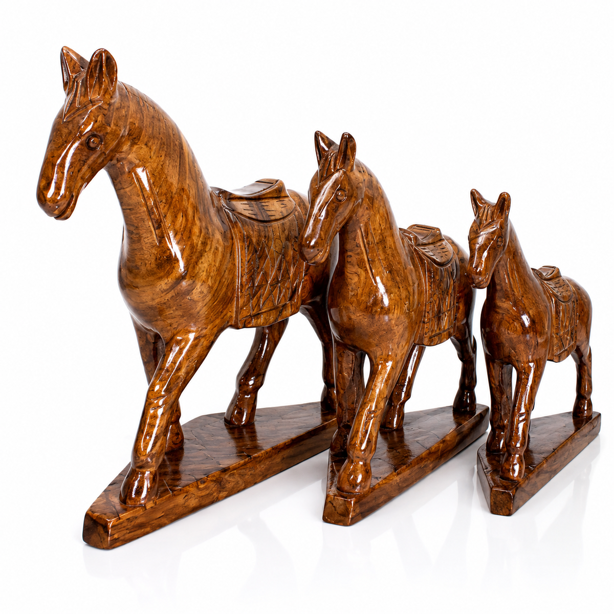 3 Handmade Wooden Horse Sculptures – Premium Home & Office Decor