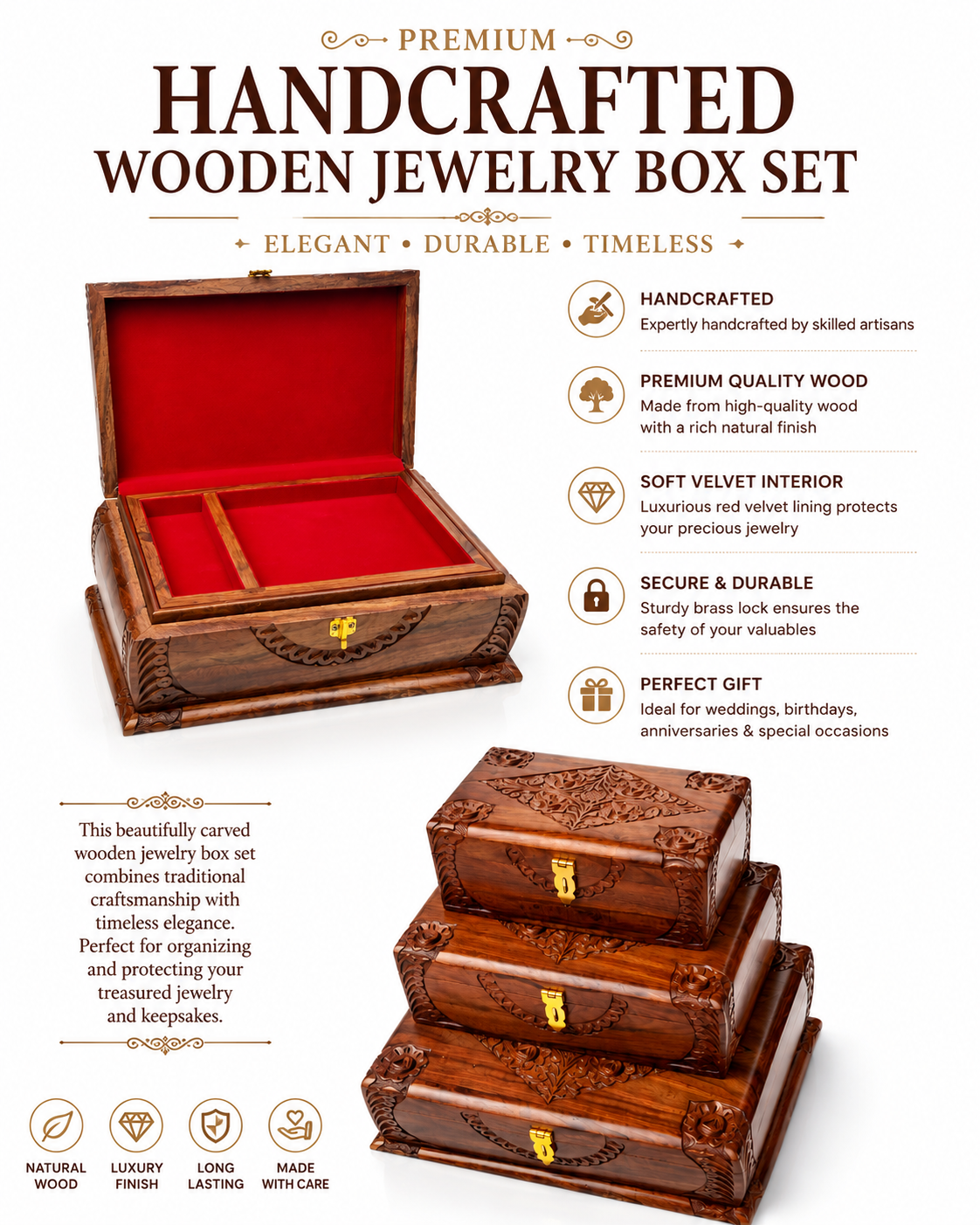 Handcrafted Wooden Jewelry Box Set – Premium Carved Storage Boxes with Velvet Interior
