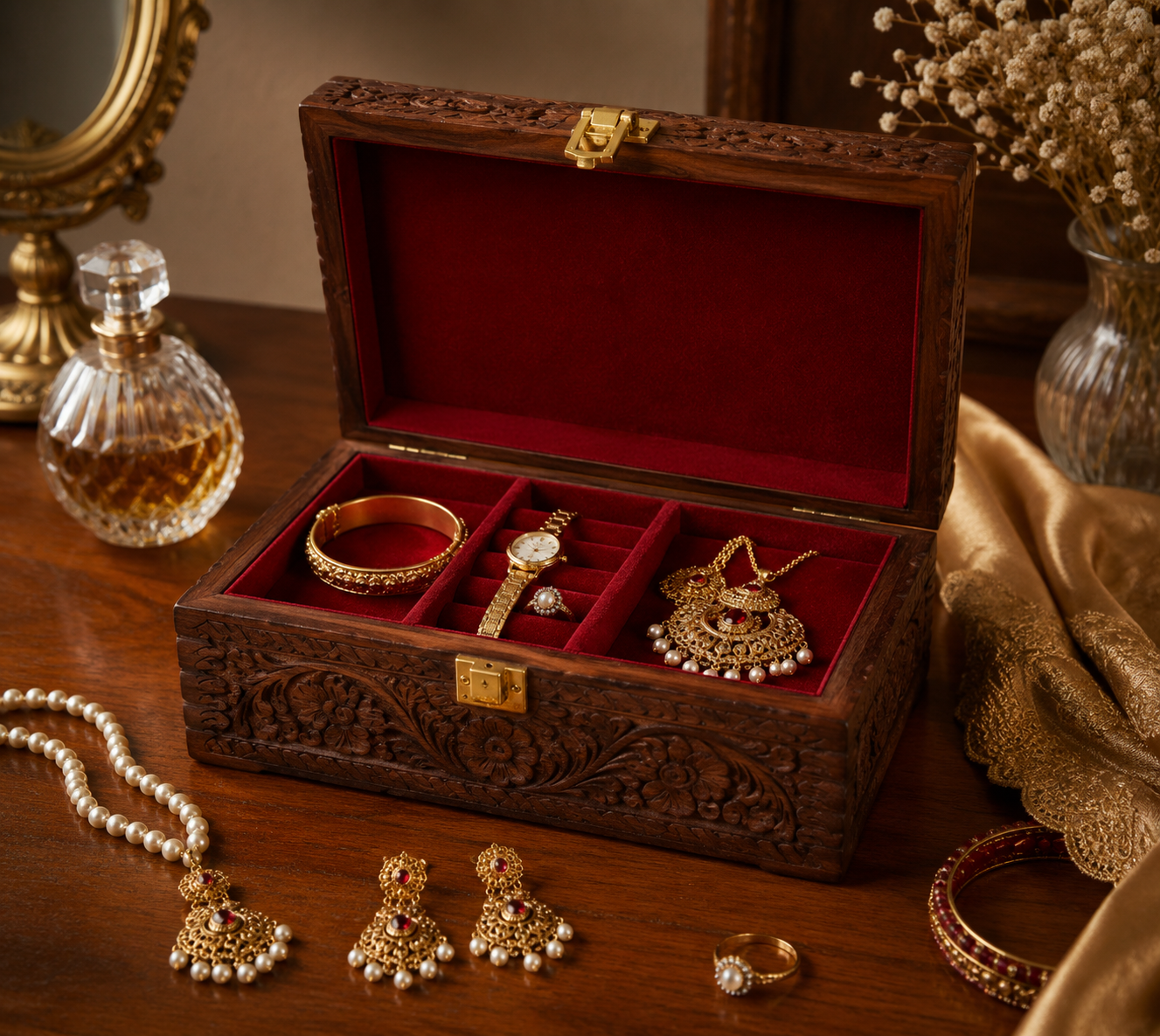 Handcrafted Wooden Jewelry Box with Red Velvet Interior – Premium Carved Wooden Storage Box with Lock | Luxury Jewelry Organizer