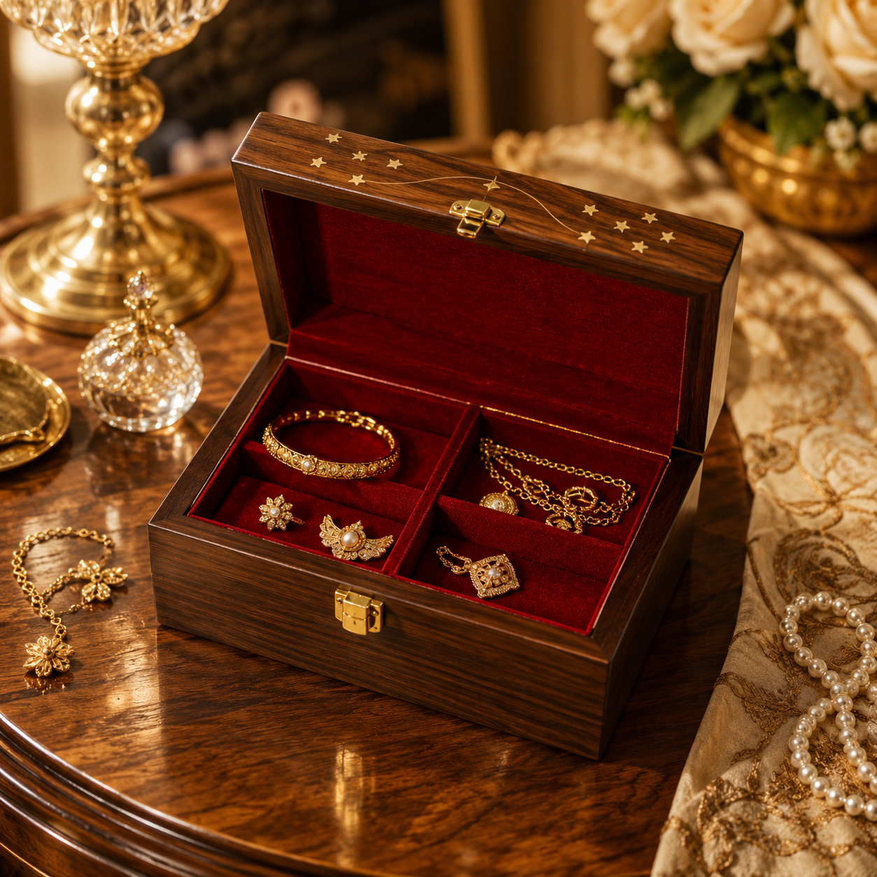 Luxury Handcrafted Wooden Jewelry Box with Red Velvet Interior – Premium Storage Box for Rings, Earrings & Accessories