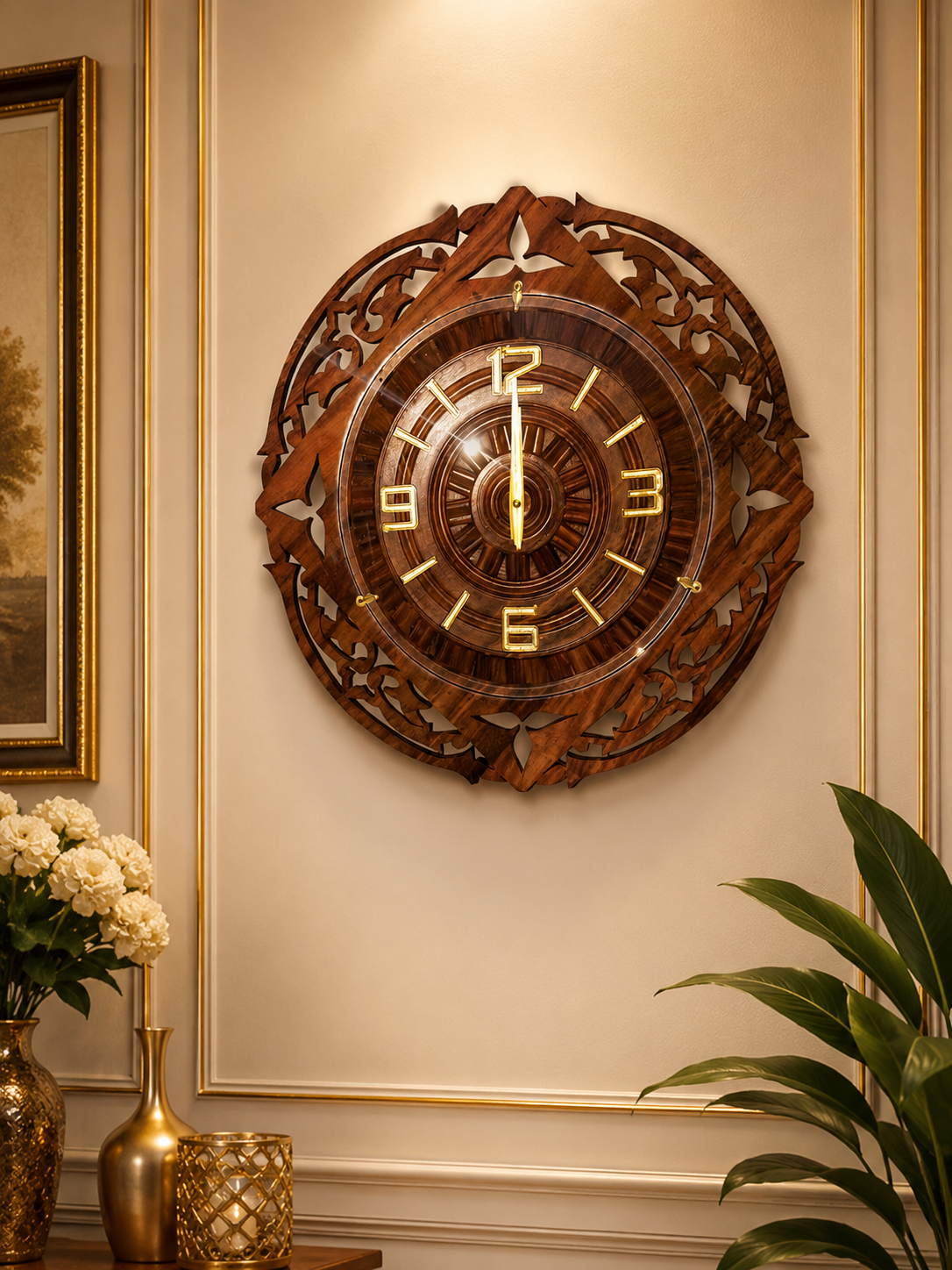 Handcrafted Wooden Wall Clock – Premium Carved Decorative Wall Clock for Living Room, Office & Home Décor