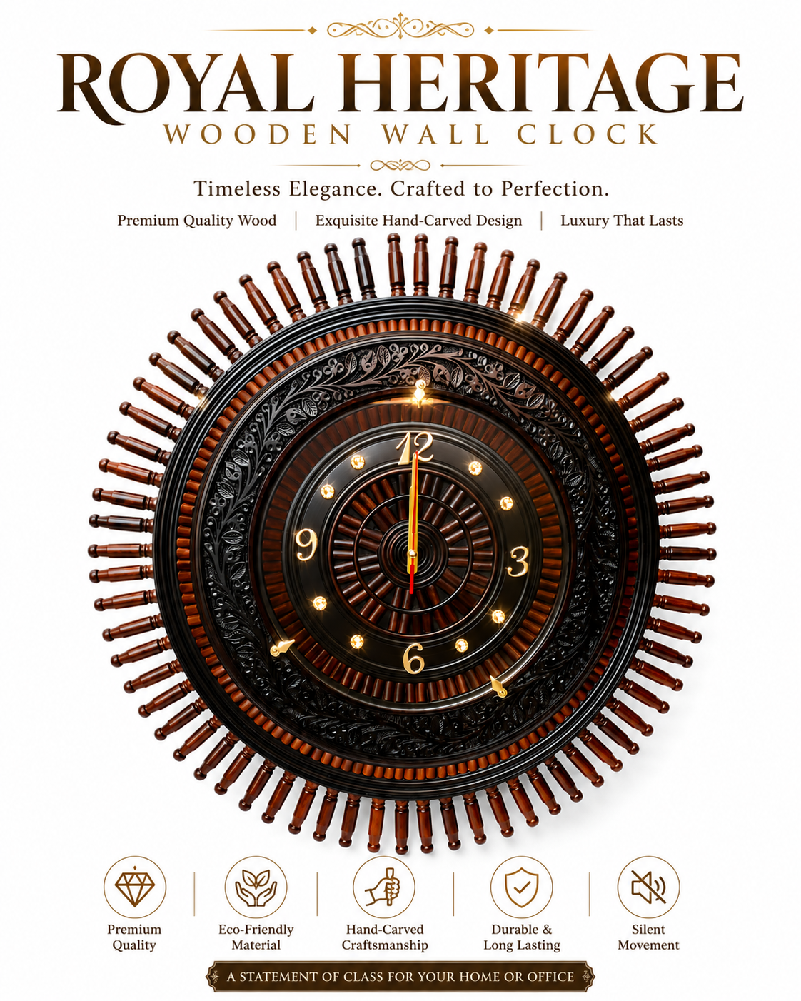 Luxury Hand-Carved Wooden Wall Clock | Premium Decorative Wooden Clock for Home & Office (Copy)