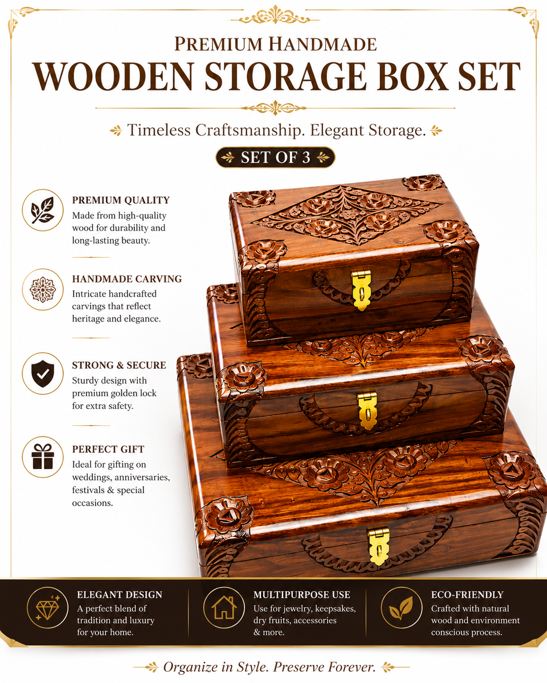 Handcrafted Wooden Jewelry Box Set – Premium Carved Wooden Storage Box with Brass Lock (Set of 3 Sizes)