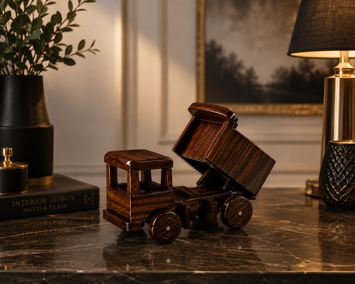 Handcrafted Wooden Dump Truck Showpiece – Premium Decorative Tipper Truck Model for Home & Office Décor