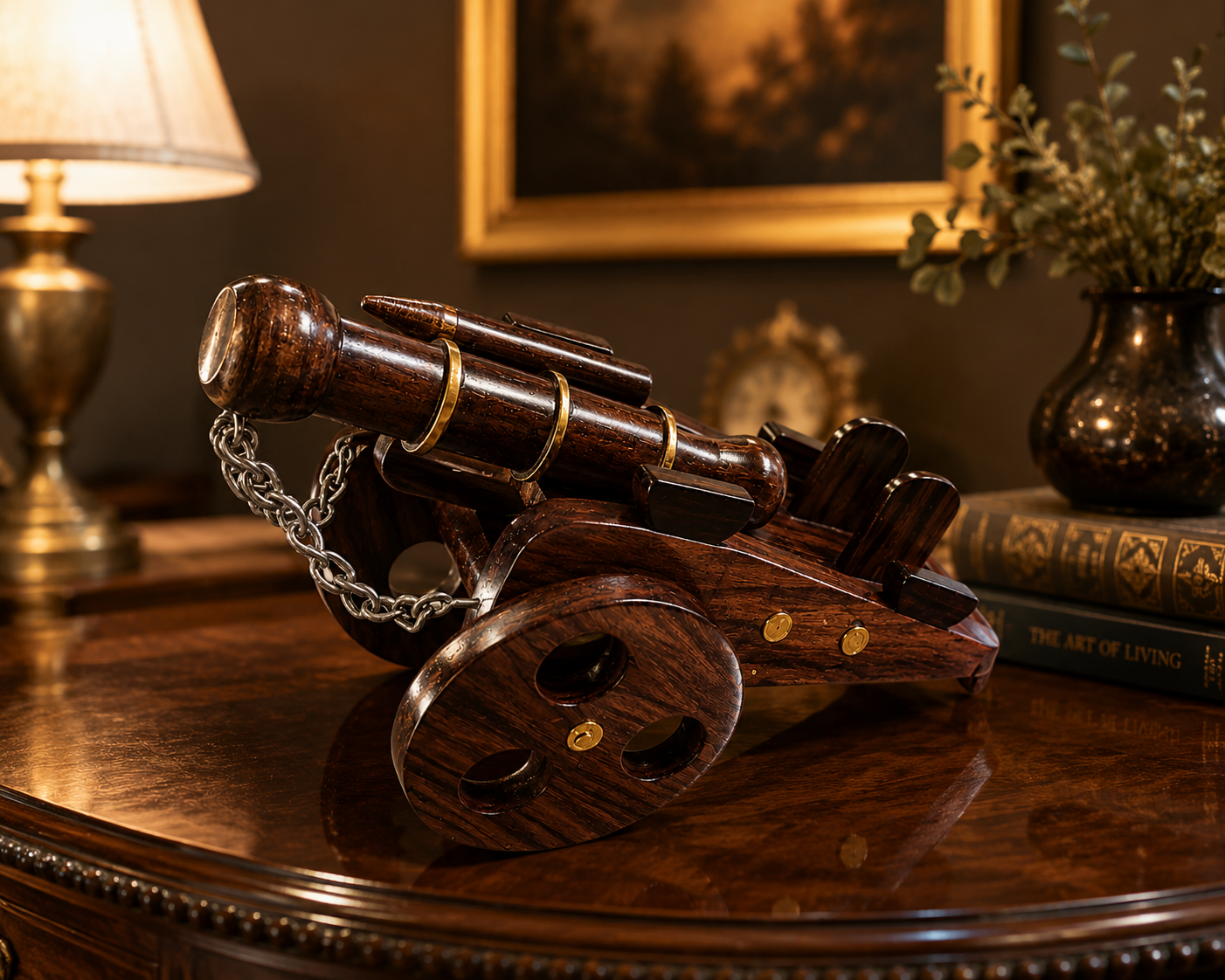 Handcrafted Wooden Cannon Showpiece – Premium Decorative Tabletop Artillery Model for Home & Office Décor