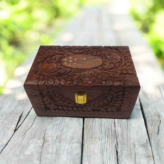 Carved Wooden Jewelry Box – Red Velvet & Lock