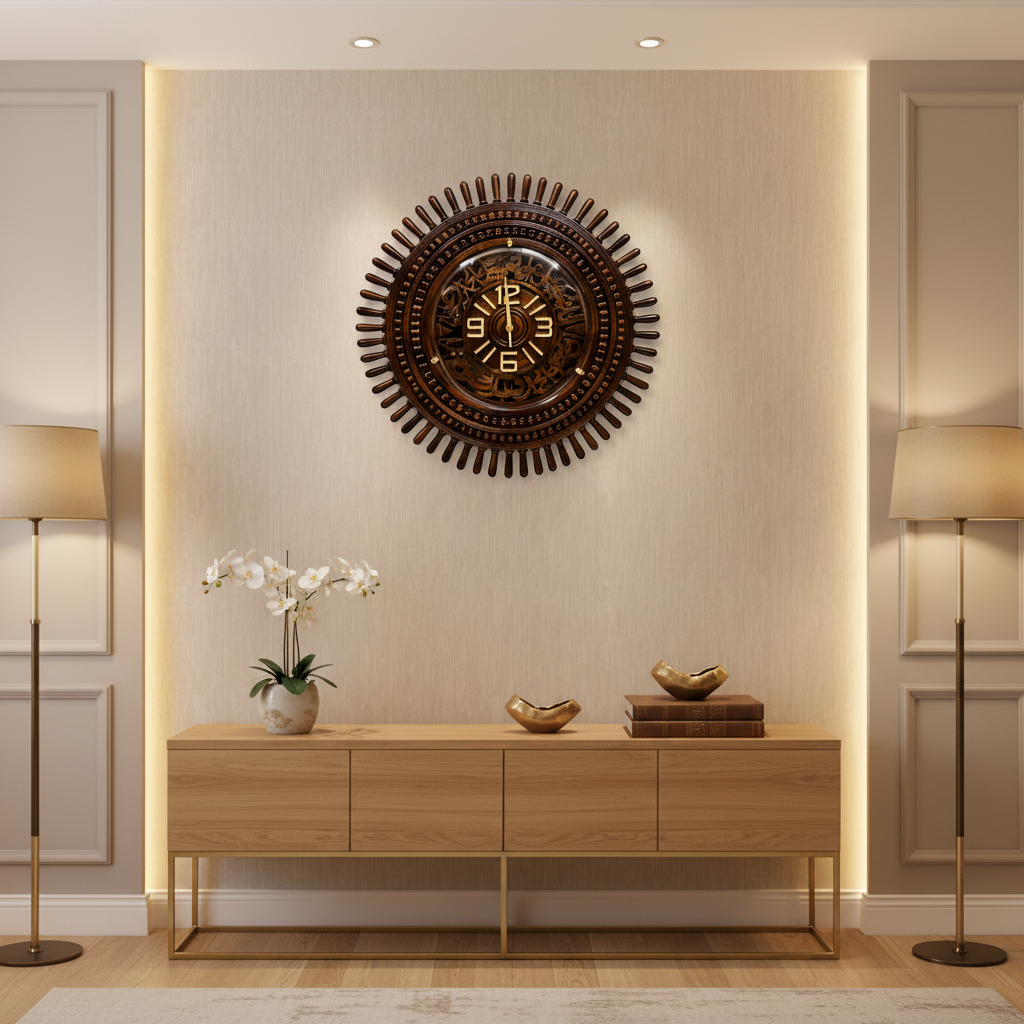 Calligraphy sunburst wall clock mounted on a premium living room wall