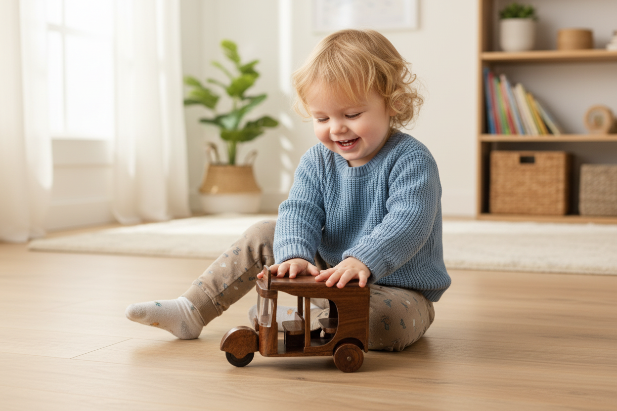 Child playing with the wooden vintage car