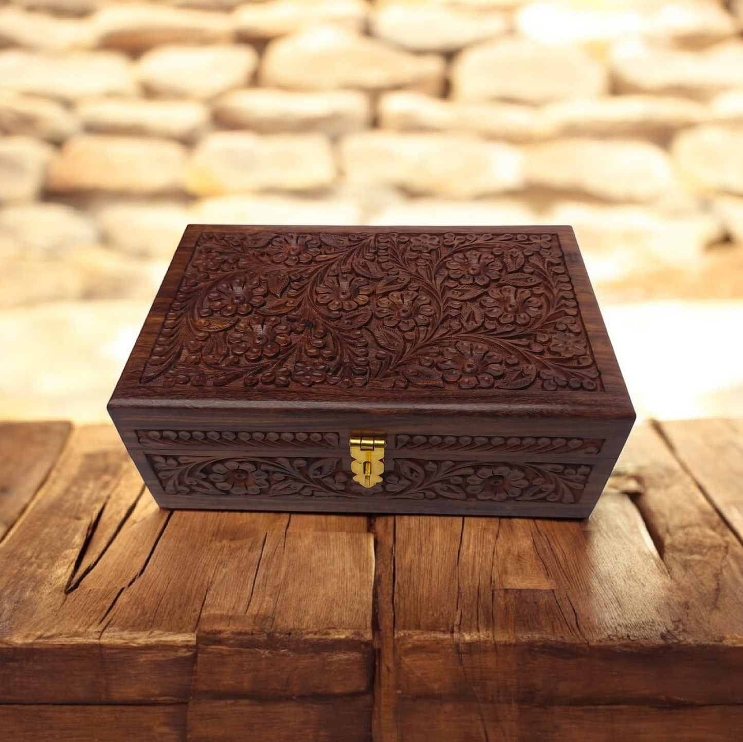 Handcrafted Wooden Jewelry Box with Red Velvet Interior – Premium Carved Wooden Storage Box with Lock | Luxury Jewelry Organizer