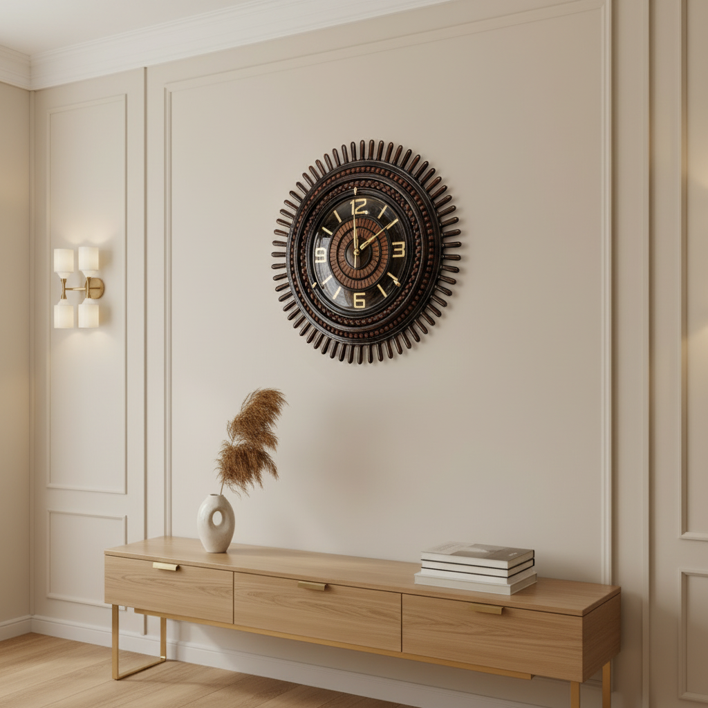 Sunburst wall clock from an angled perspective on a premium wall