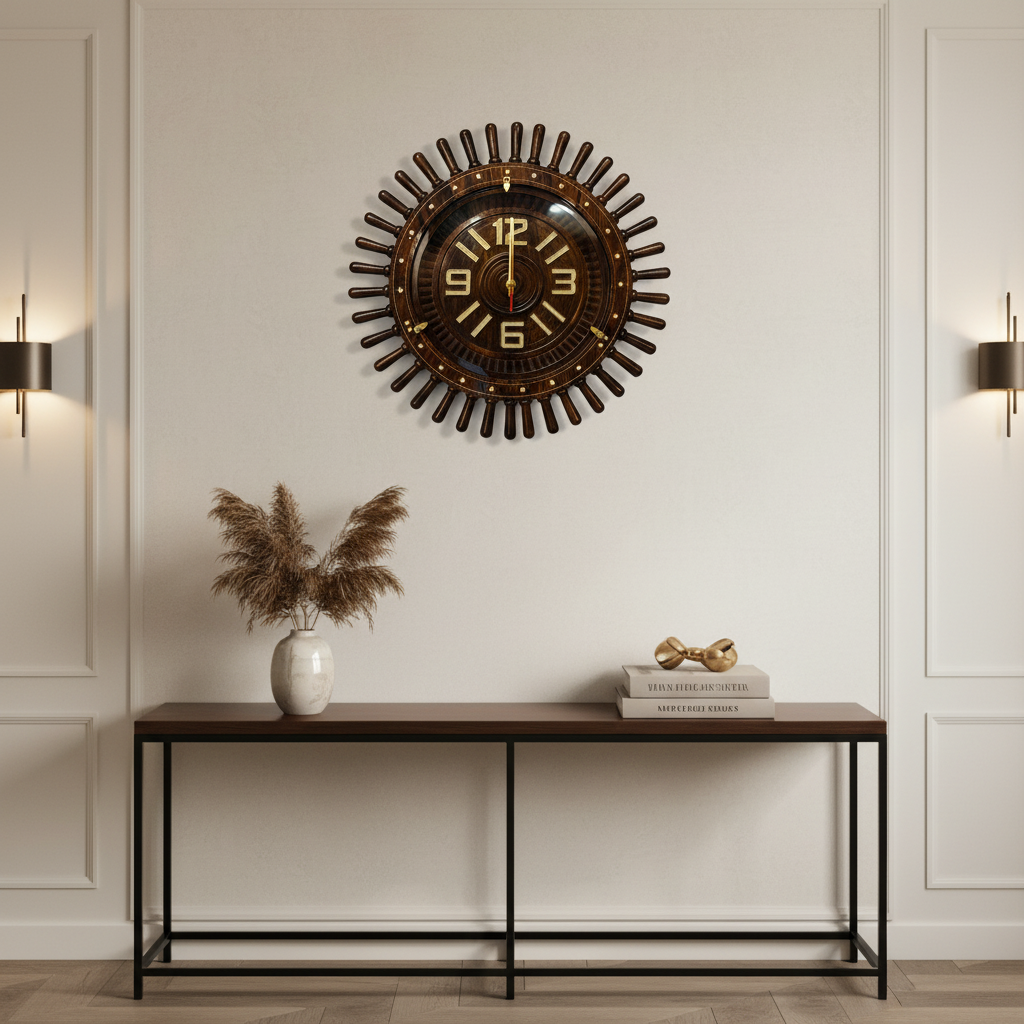 Sunburst wall clock mounted on a premium living room wall
