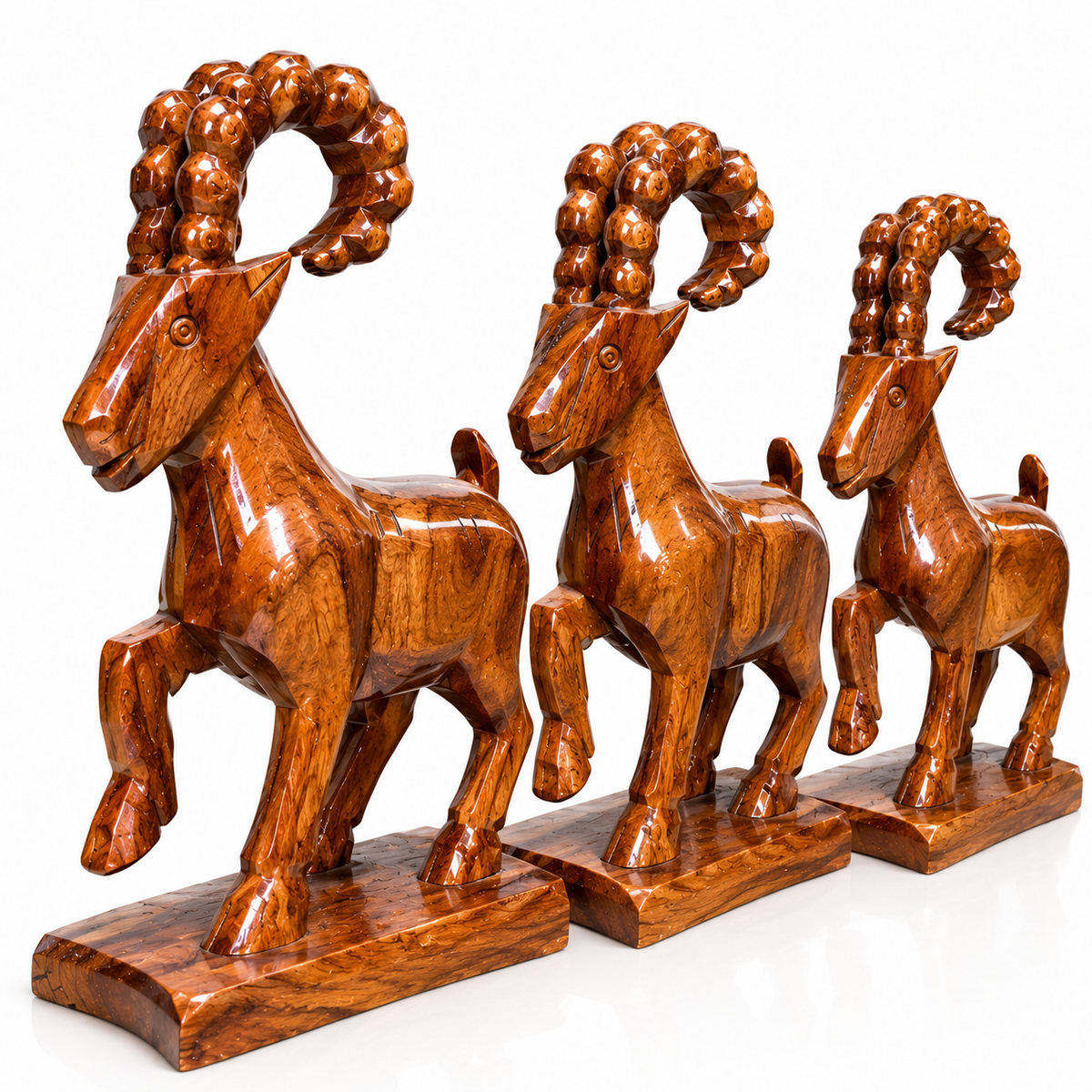 Set of 3 Handmade Wooden Ibex & Mountain Goat Decor Sculptures