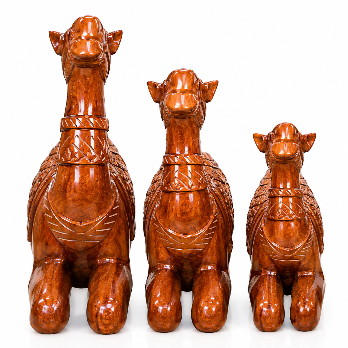 Set of 3 Handcrafted Wooden Camels – Premium Arabian Camel Decor