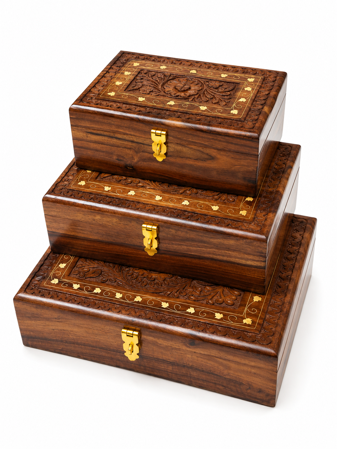 Handcrafted Wooden Jewelry Box Set – Premium Carved Wooden Storage Box with Brass Lock (Set of 3 Sizes)