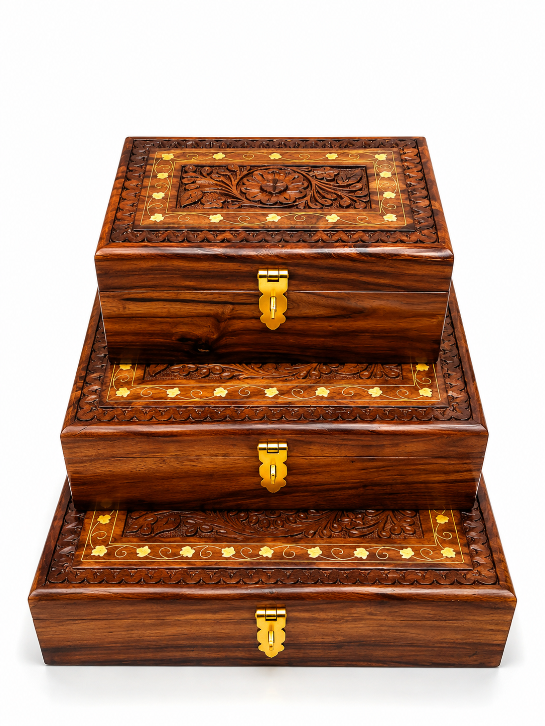 Handcrafted Wooden Jewelry Box Set – Premium Carved Wooden Storage Box with Brass Lock (Set of 3 Sizes)