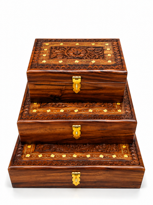 Handcrafted Wooden Jewelry Box Set – Premium Carved Wooden Storage Box with Brass Lock (Set of 3 Sizes)