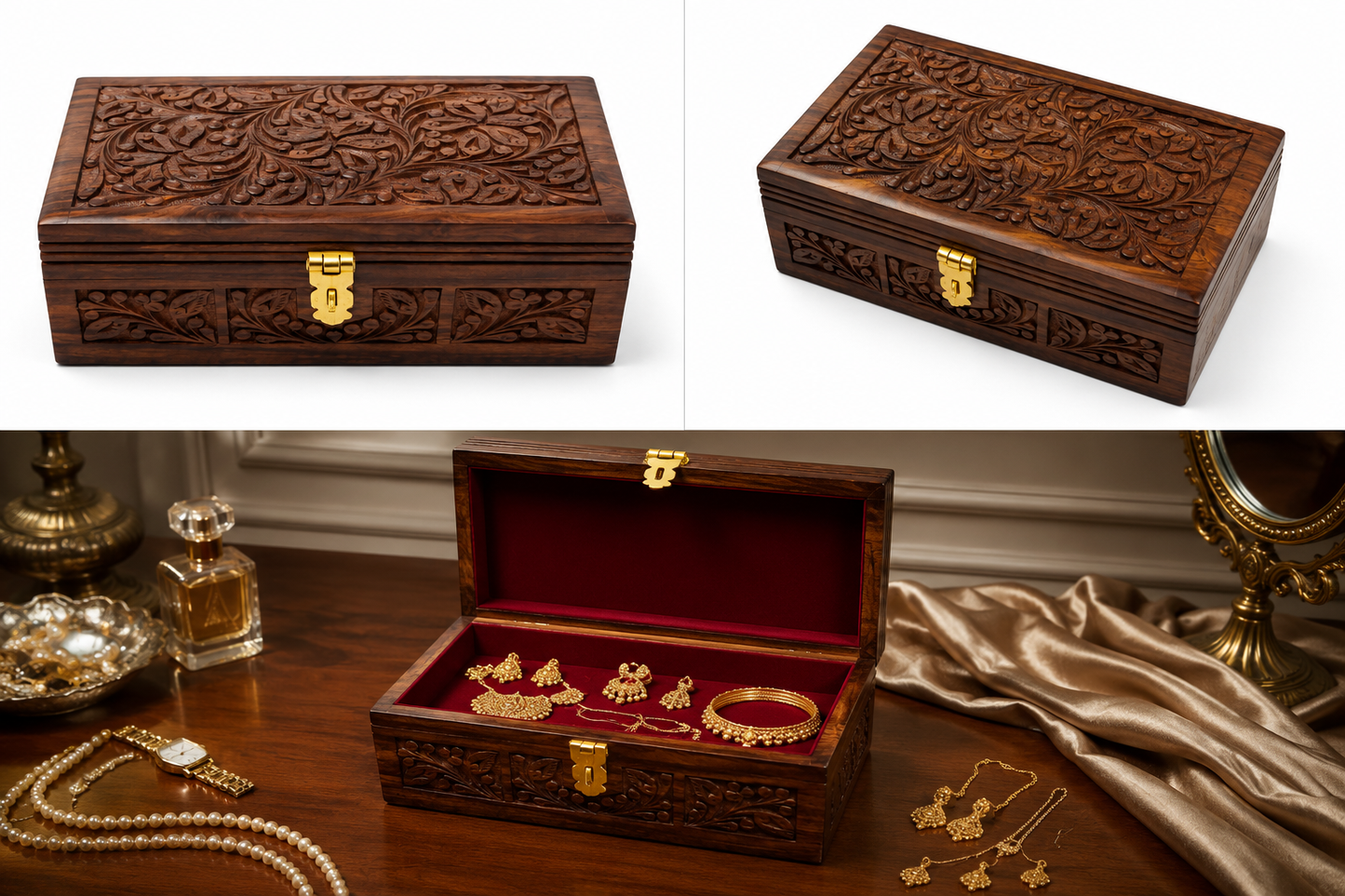 Handcrafted Wooden Jewelry Box – Premium Carved Wooden Storage Box with Brass Lock | Luxury Keepsake & Jewelry Organizer