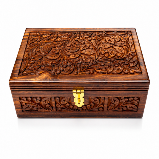 Handcrafted Wooden Jewelry Box – Premium Carved Wooden Storage Box with Brass Lock | Luxury Keepsake & Jewelry Organizer