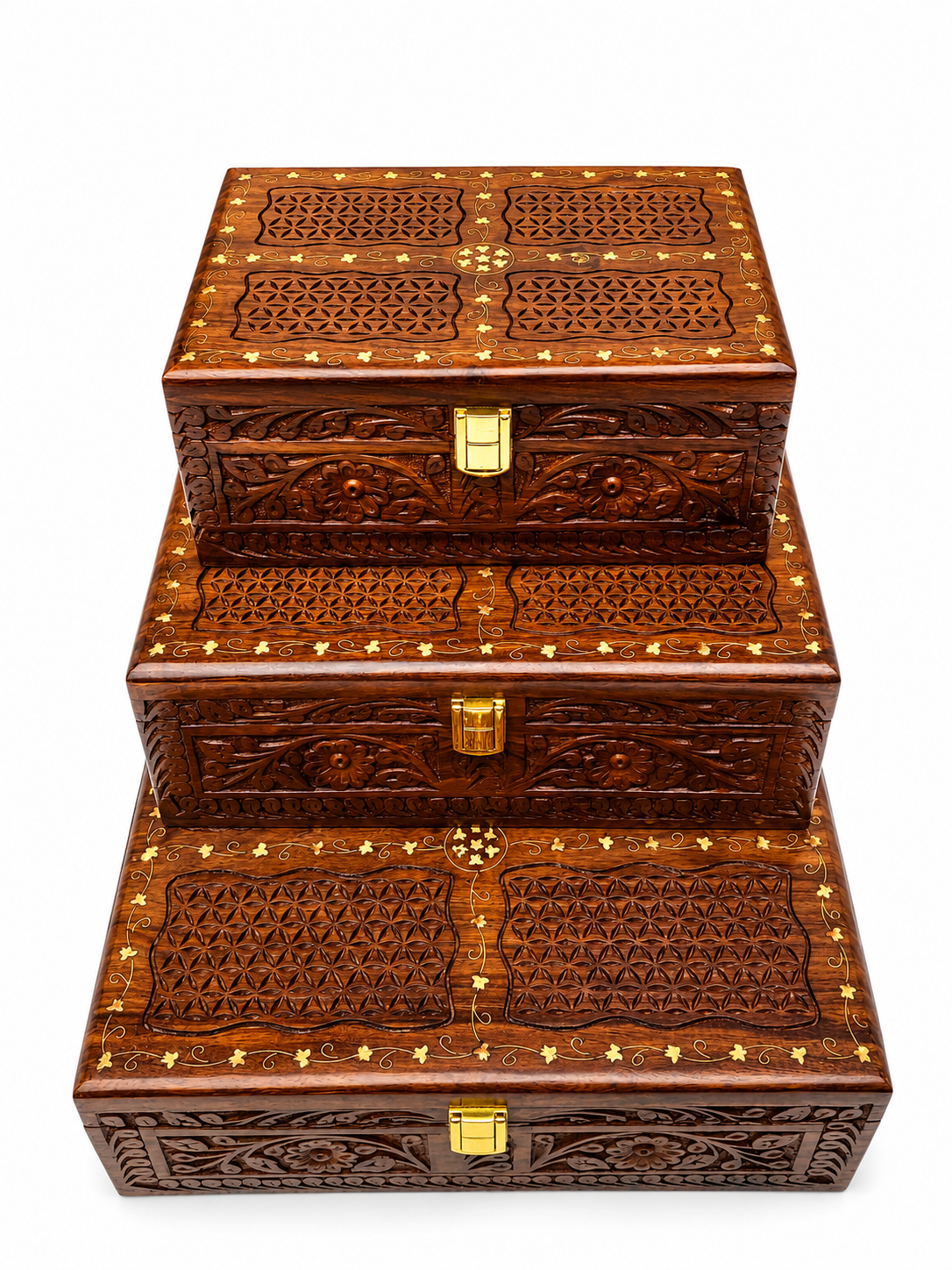 Handcrafted Wooden Jewelry Box Set – Premium Carved Wooden Storage Box with Brass Lock (Set of 3 Sizes)