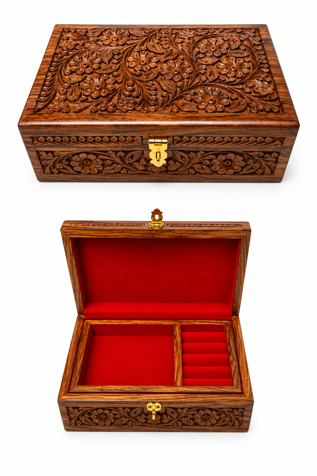 Handcrafted Wooden Jewelry Box with Red Velvet Interior – Premium Carved Wooden Storage Box with Lock | Luxury Jewelry Organizer