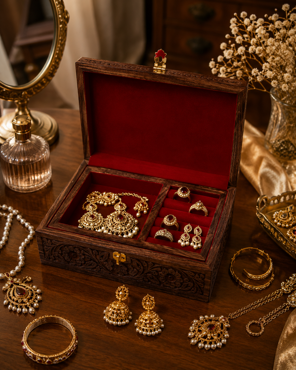 Handcrafted Wooden Jewelry Box with Red Velvet Interior – Premium Carved Wooden Storage Box with Lock | Luxury Jewelry Organizer