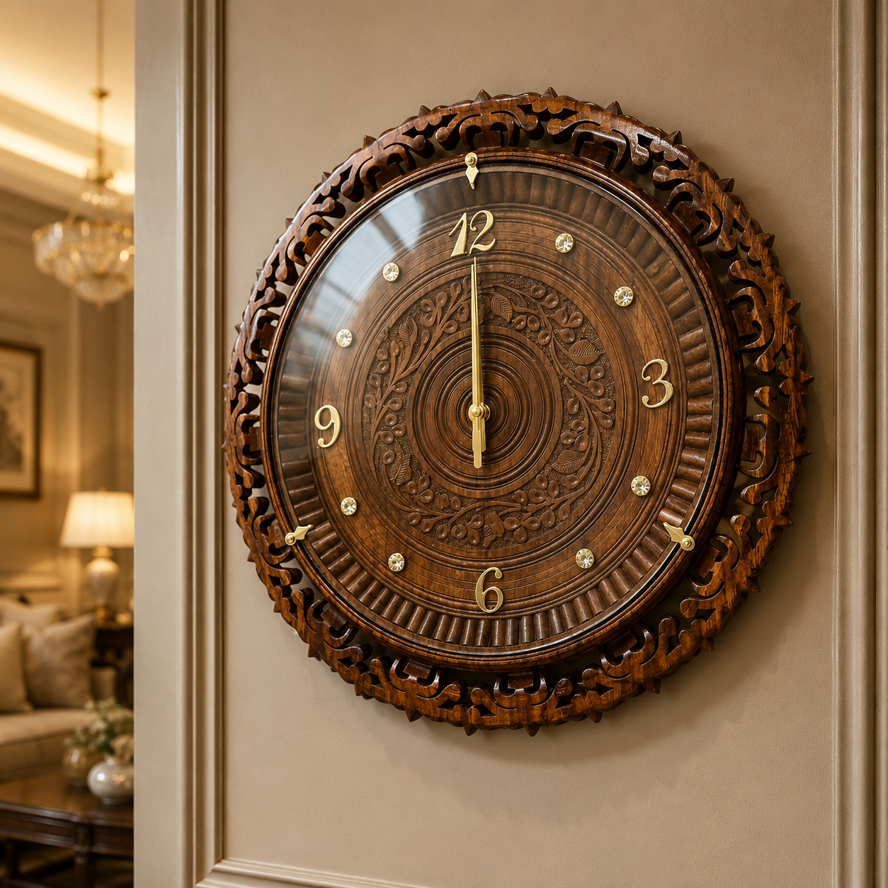 Handcrafted Wooden Wall Clock – Premium Carved Decorative Wall Clock for Living Room, Office & Home Décor