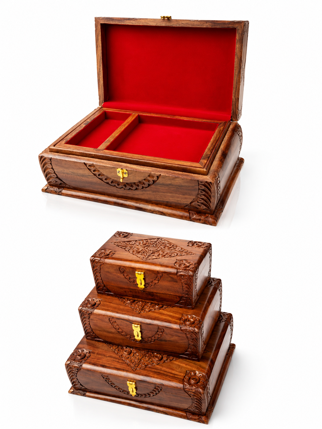 Handcrafted Wooden Jewelry Box Set – Premium Carved Storage Boxes with Velvet Interior