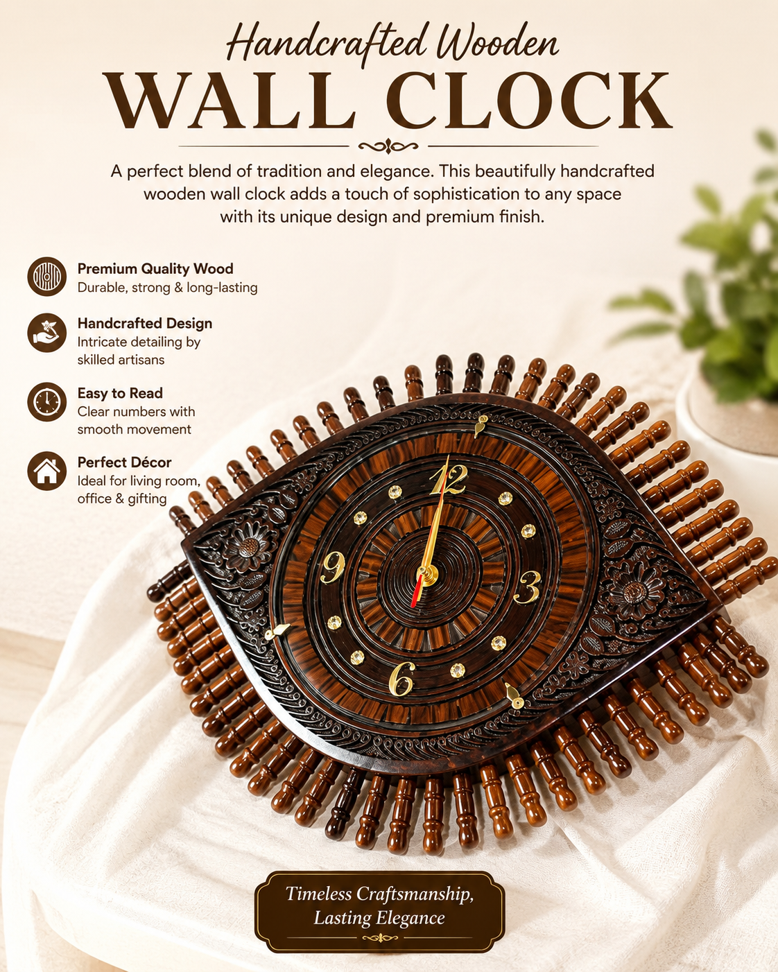 Luxury Handcrafted Wooden Wall Clock – Timeless Elegance for Your Home