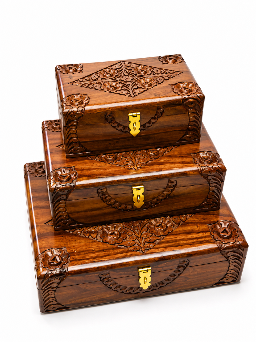 Handcrafted Wooden Jewelry Box Set – Premium Carved Wooden Storage Box with Brass Lock (Set of 3 Sizes)