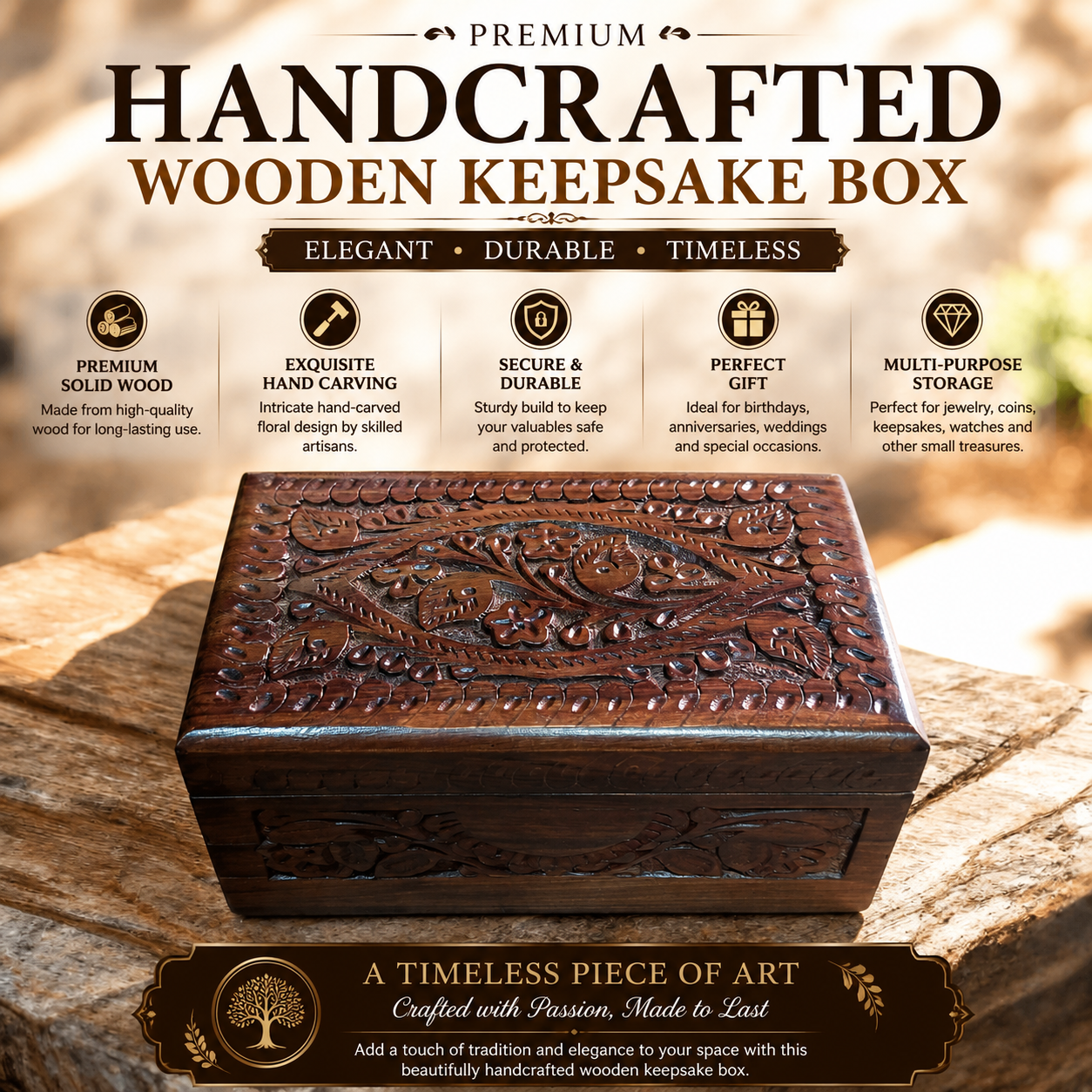 Luxury Handcrafted Wooden Jewelry Box with Red Velvet Interior – Premium Storage Box for Rings, Earrings & Accessories