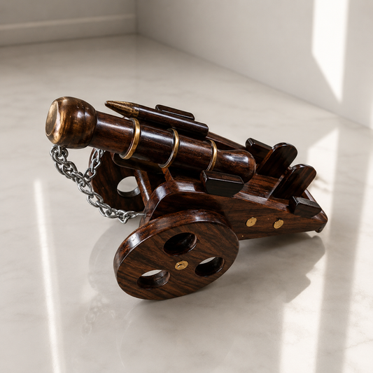 Handcrafted Wooden Cannon Showpiece – Premium Decorative Tabletop Artillery Model for Home & Office Décor