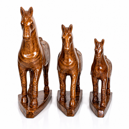 3 Handmade Wooden Horse Sculptures – Premium Home & Office Decor