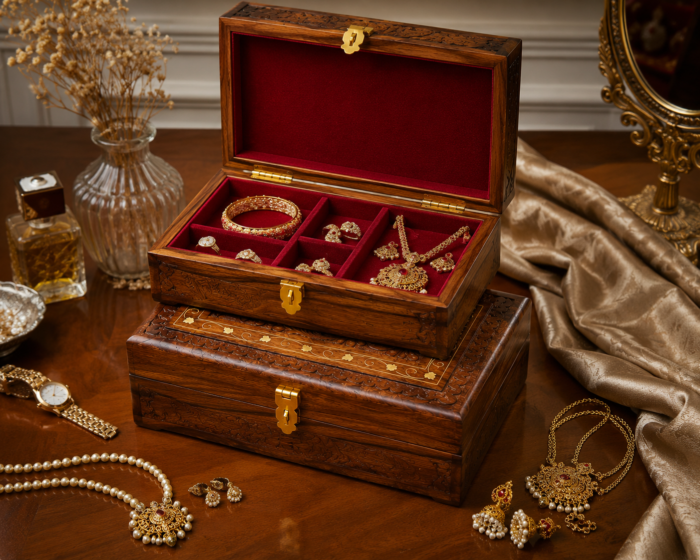 Handcrafted Wooden Jewelry Box Set – Premium Carved Wooden Storage Box with Brass Lock (Set of 3 Sizes)
