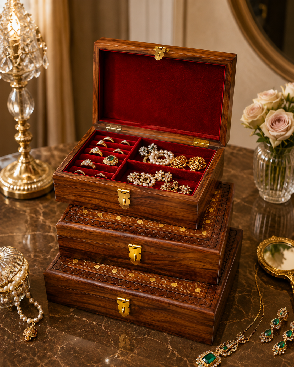 Handcrafted Wooden Jewelry Box Set – Premium Carved Wooden Storage Box with Brass Lock (Set of 3 Sizes)