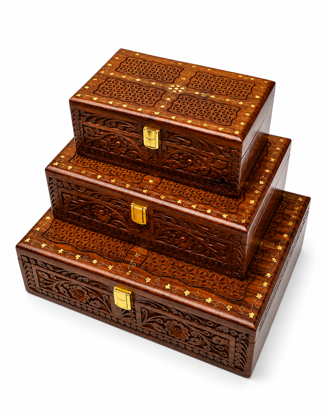 Handcrafted Wooden Jewelry Box Set – Premium Carved Wooden Storage Box with Brass Lock (Set of 3 Sizes)