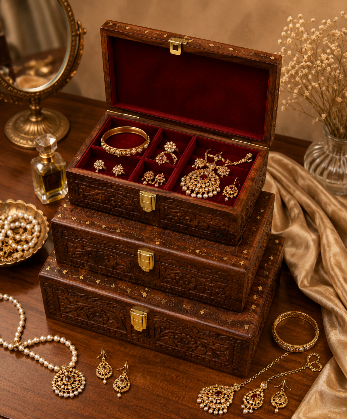 Handcrafted Wooden Jewelry Box Set – Premium Carved Wooden Storage Box with Brass Lock (Set of 3 Sizes)