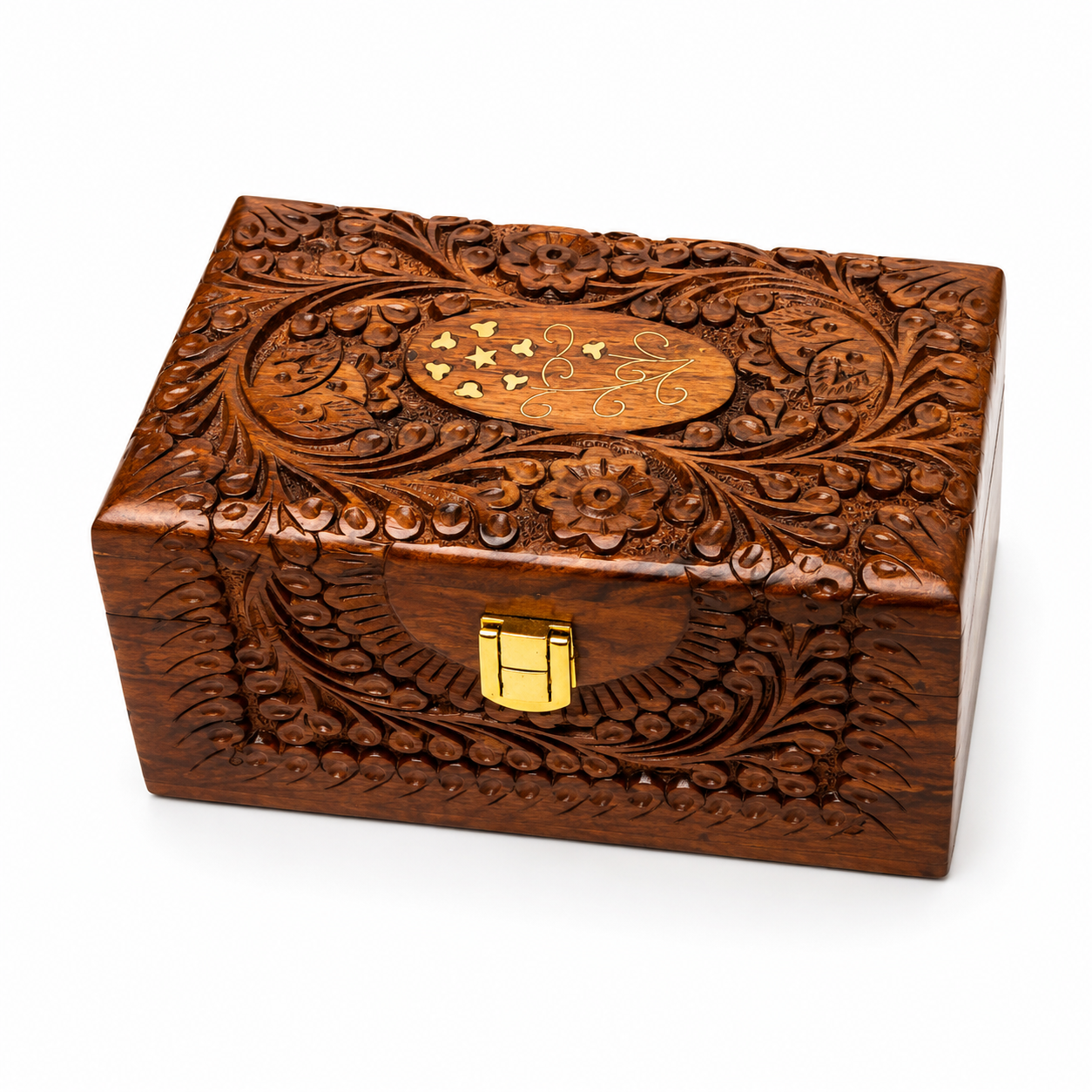 Handcrafted Wooden Jewelry Box with Red Velvet Interior – Premium Carved Wooden Storage Box with Lock | Luxury Jewelry Organizer