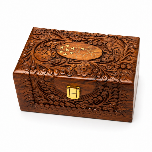 Handcrafted Wooden Jewelry Box with Red Velvet Interior – Premium Carved Wooden Storage Box with Lock | Luxury Jewelry Organizer