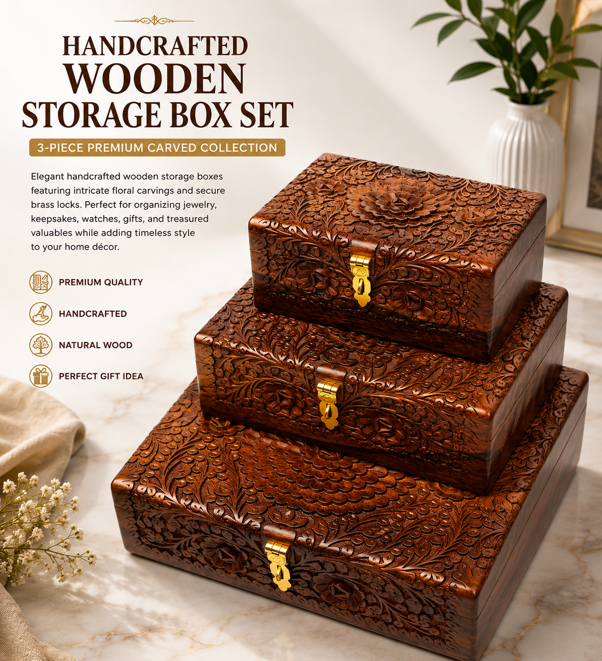 Handcrafted Wooden Storage Box Set