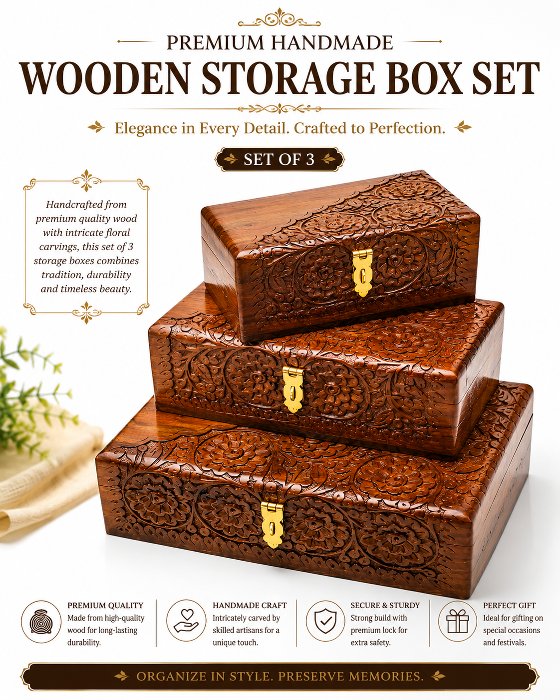 Premium Handcrafted Wooden Jewelry Box Set – 3-Piece Luxury Storage Collection