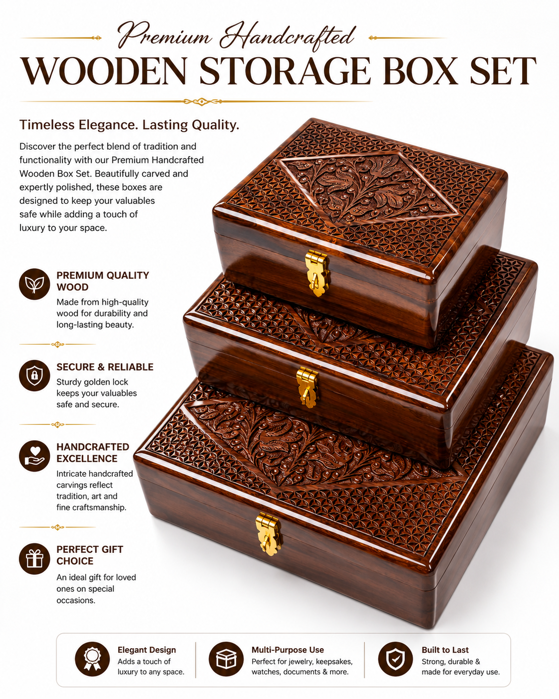Premium Handcrafted Wooden Jewelry Box Set – 3-Piece Luxury Storage Collection