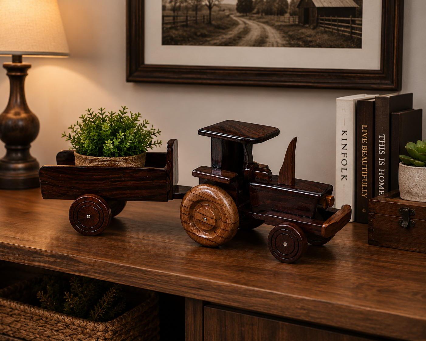 Premium Handcrafted Wooden Tractor with Trailer – Luxury Farmhouse Home Décor