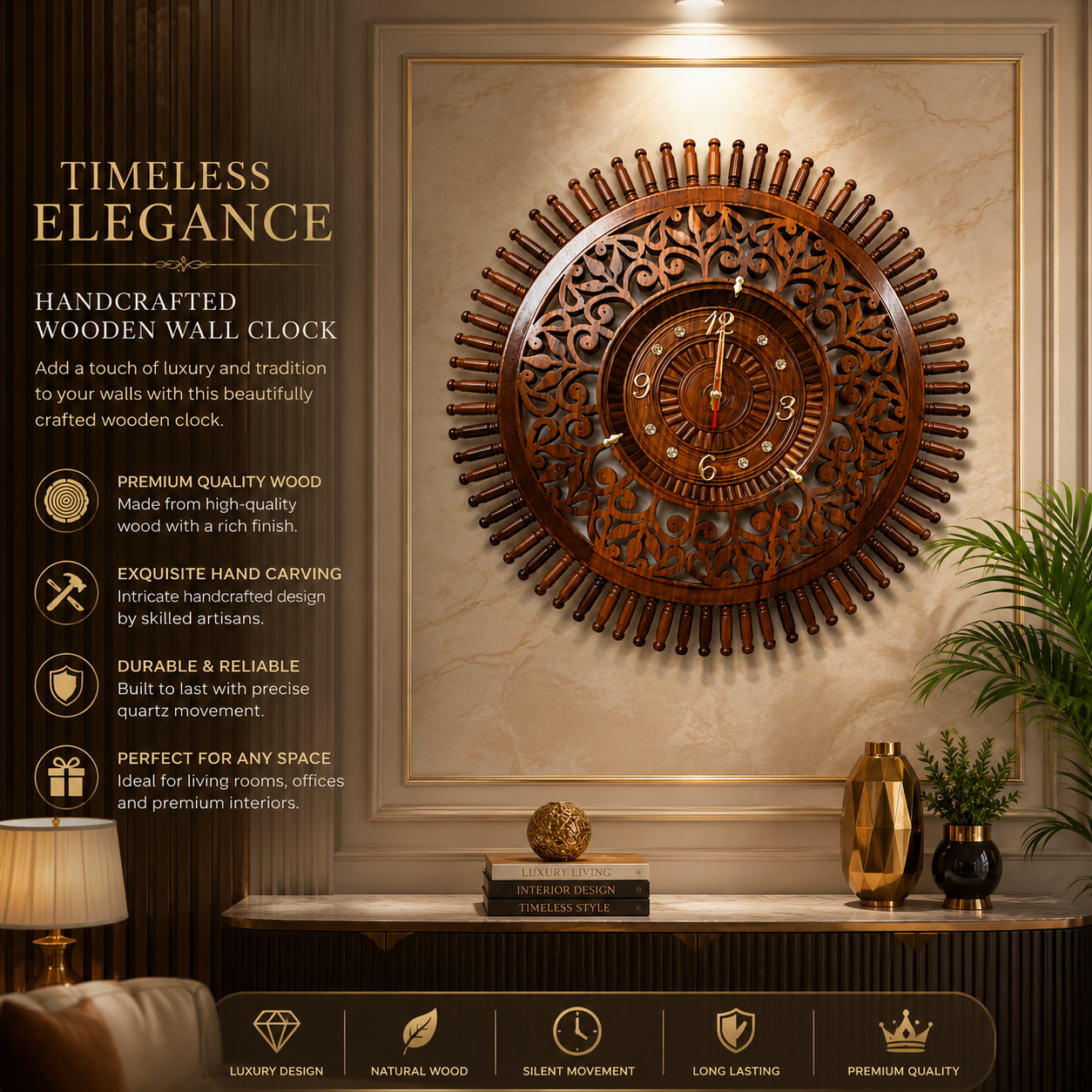 Luxury Hand-Carved Wooden Wall Clock | Premium Decorative Wooden Clock for Home & Office