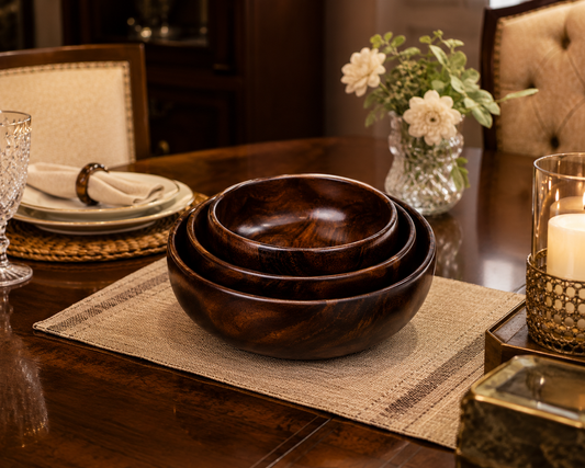 Handcrafted Wooden Bowls – Set of 3 (Dark Walnut Finish)