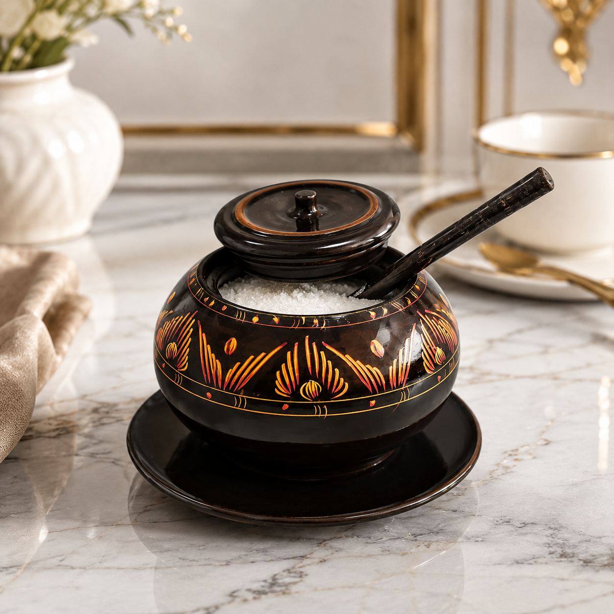 Premium Handmade Wooden Sugar Pot with Spoon & Lid | Decorative Kitchen Storage Container