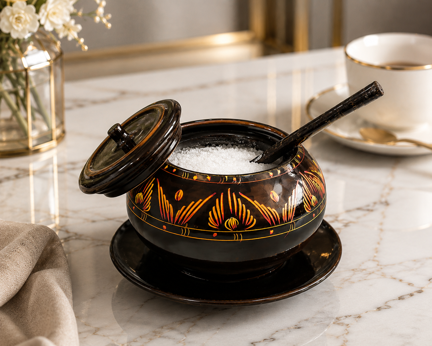 Premium Handmade Wooden Sugar Pot with Spoon & Lid | Decorative Kitchen Storage Container
