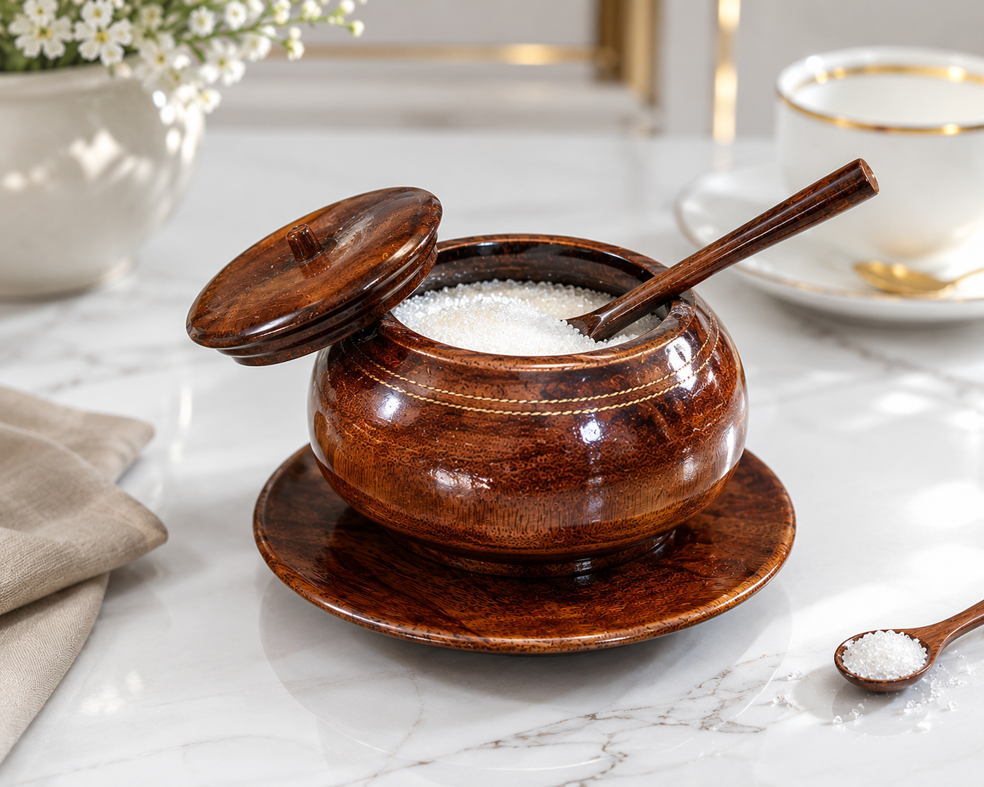Premium Handmade Wooden Sugar Pot with Lid & Spoon | Natural Wood Sugar Bowl for Kitchen & Dining