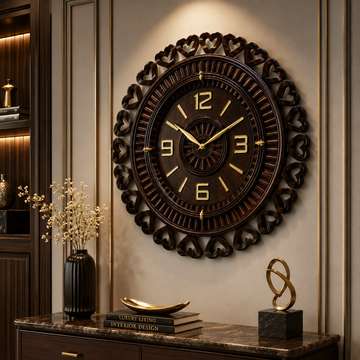 Handcrafted Wooden Wall Clock – Premium Heart Border Decorative Clock for Living Room & Home Décor