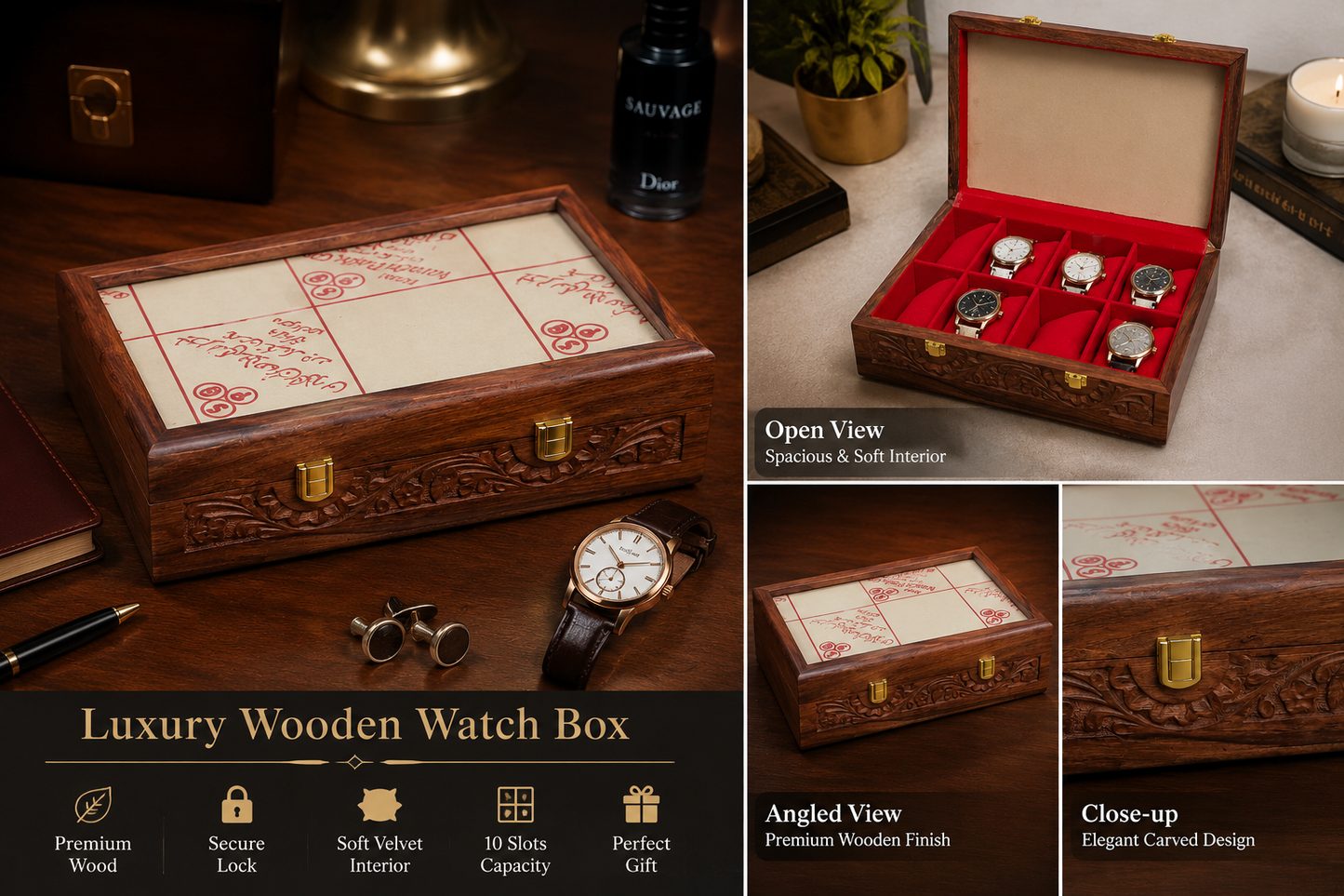 Handcrafted Wooden Watch Box – 10 Slot Luxury Watch Storage Case with Soft Velvet Interior