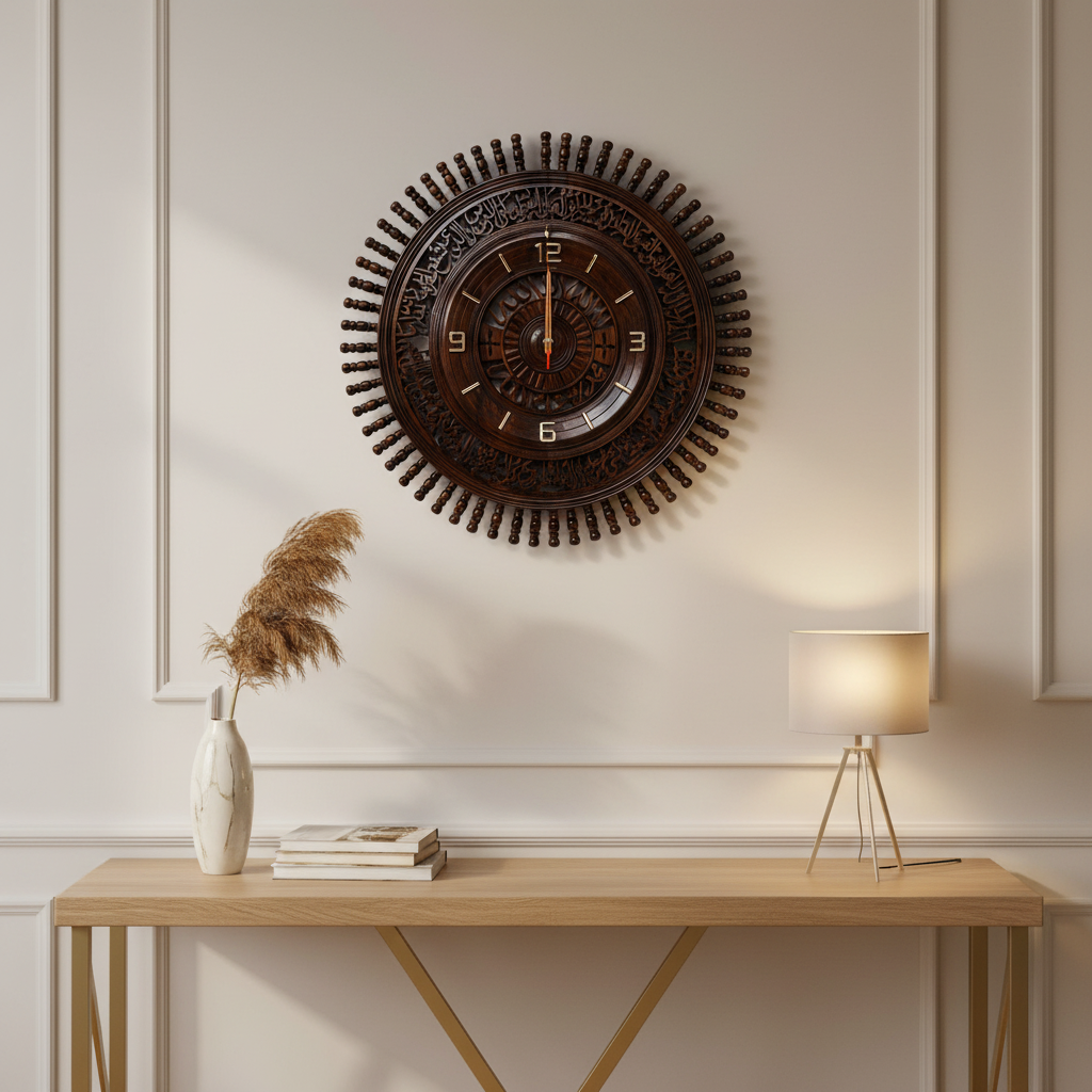 Calligraphy wall clock mounted on a premium living room wall